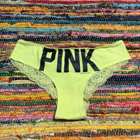Vintage Victoria’s Secret PINK Neon Yellow Lace Back Panty Size Small - Picture 1 of 4